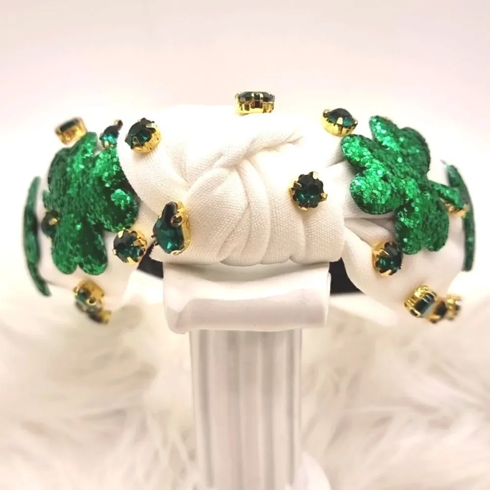 New GREEN CLOVER SEQUIN RHINESTONE HEADBAND top knot